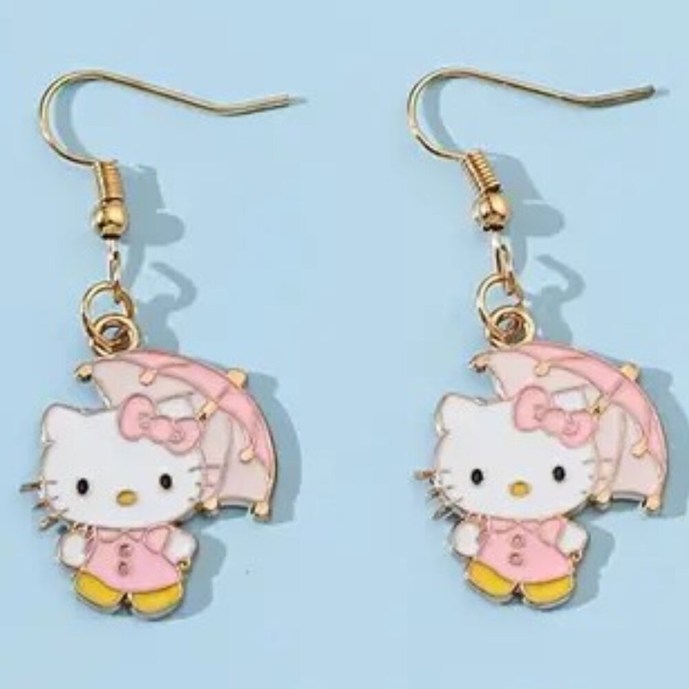 Earrings Hello Kitty Enamel Umbrella Dangle Silver Sanrio  Emo Scene Trendy Glam